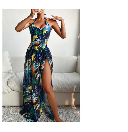 Yellow tropical print three-piece bikini set with halter top, high-waisted bottoms, and long cover-up skirt with high slit. - Image 17