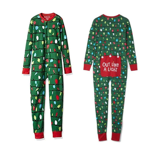 Woman wearing a green one-piece pajama suit with a colorful Christmas lights pattern and red cuffs, paired with festive slippers. - Image 7