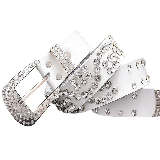 Cinturón de Cuero para Mujer con Hebilla de Diamantes y Pasador de Cuero Vacuno