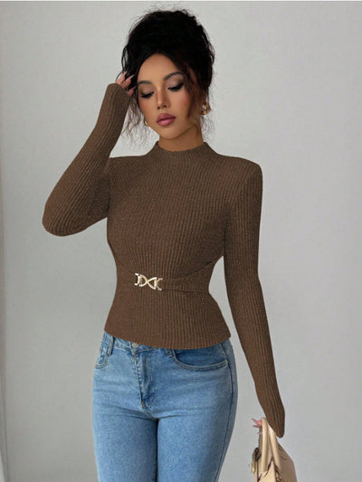 Blusa Base Cuello Mock Ajustada con Mangas Largas para Mujer - Image 14