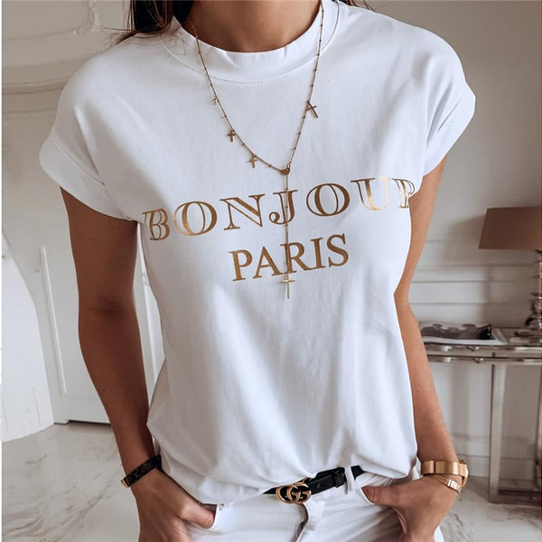 Camiseta Estampada Cuello Redondo Ajustada Manga Corta