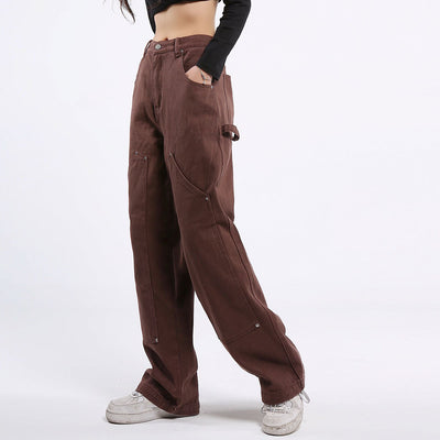 Pantalones Vaqueros Rectos Sueltos Multi-bolsillos Color Sólido - Image 11
