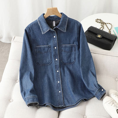 Camisa de Mezclilla Holgada y Abrigada para Mujer