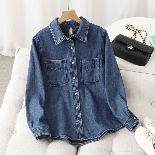 Camisa de Mezclilla Holgada y Abrigada para Mujer