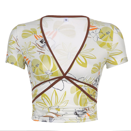 Blusa Retro Estampada Cuello V Manga Corta para Mujer - Image 2