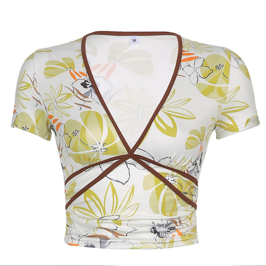 Blusa Retro Estampada Cuello V Manga Corta para Mujer - Image 2