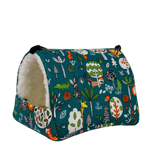 Teal cotton pet nest with a colorful forest pattern, lined with white plush, designed for small birds or parrots. - Image 4