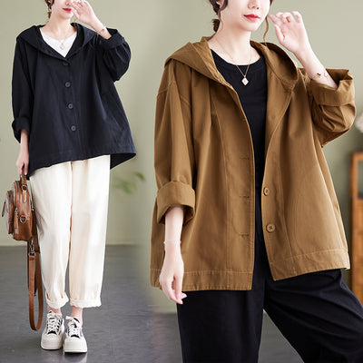 Abrigo Suelto con Capucha Mujer Retro Khaki Algodón Casual Costura Artística