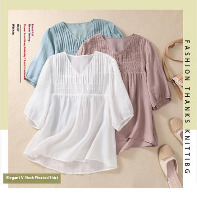 Blusa Suelta de Algodón y Lino con Cuello V - Image 43