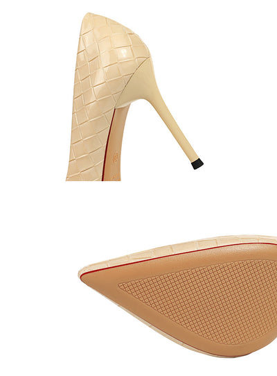 Zapato de Tacón Alto Fino en Cuero Brillante con Patrón Tejido y Punta Afilada - Image 17