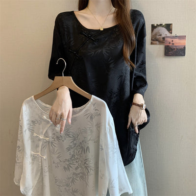 Blusa Vintage con Jacquard y Botones Estilo Chino - Image 18