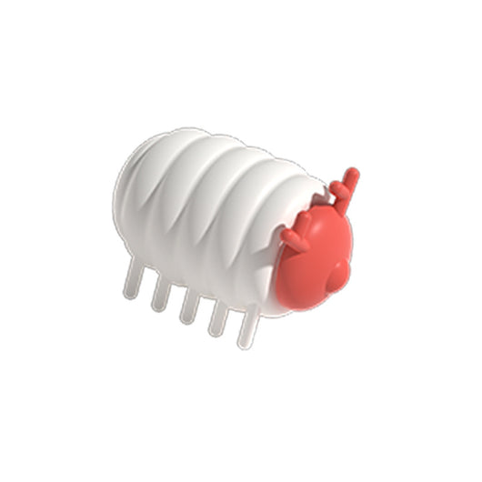 White and red interactive cat toy shaped like a segmented caterpillar with small legs and antennae.