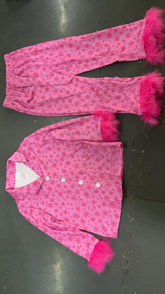 Young girl in a leopard print pajama set with black feather trim on the cuffs and ankles, wearing a pink glitter headband. - Image 30