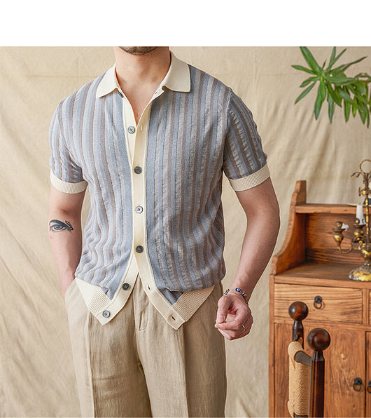 Suéter de Manga Corta con Jacquard Rayado y Costuras Decorativas para Hombre - Image 5
