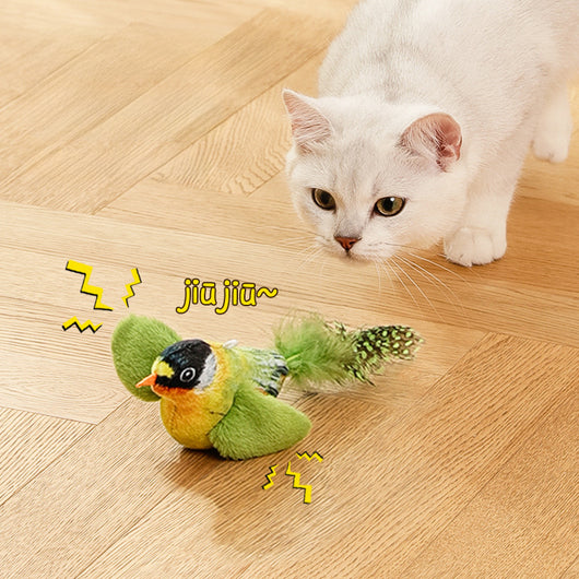 Colorful bird cat toy with green fluffy wings, black head, yellow face, orange beak, and spotted tail feathers. - Image 14