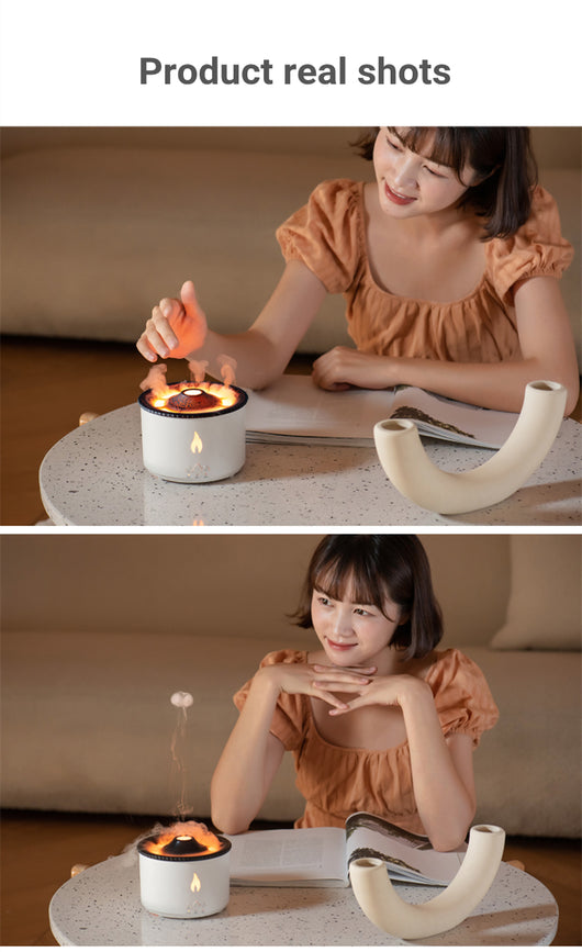 White ultrasonic essential oil diffuser with orange flame effect mist, alongside a gift set of Lavender, Peppermint, Tea Tree, and Sweet Orange essential oils. - Image 20