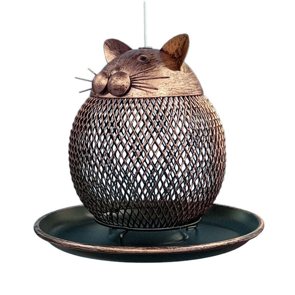 Cat-shaped vintage bronze iron bird feeder with a mesh body and round tray, designed for outdoor garden hanging. - Image 3