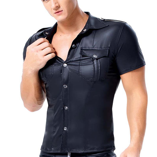 Camisa de Cuero Entallada Manga Corta para Hombre - Image 8