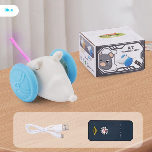 Yellow and white remote control electric mouse toy for cats, shown with its black remote and white charging cable. - Image 4