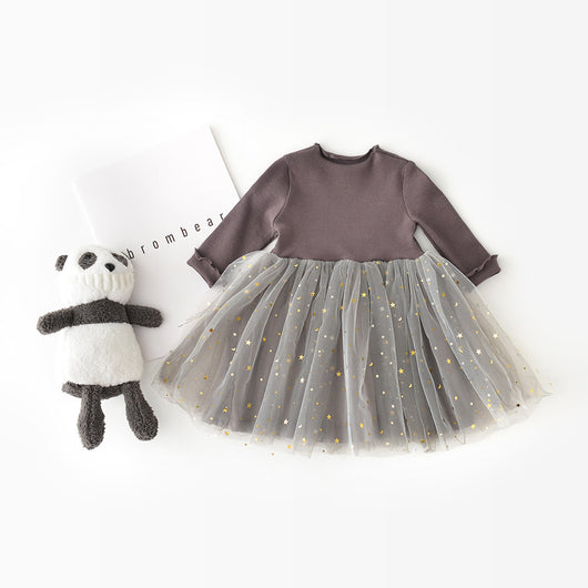 Vestido Infantil de Manga Larga con Diseño de Estrella de Cinco Puntas en Tul - Image 4