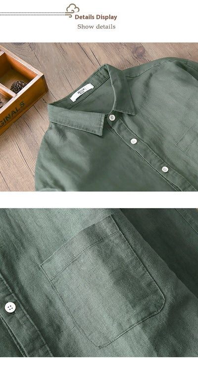 Camisa de Lino y Algodón para Hombre - Manga Larga Color Sólido - Image 9