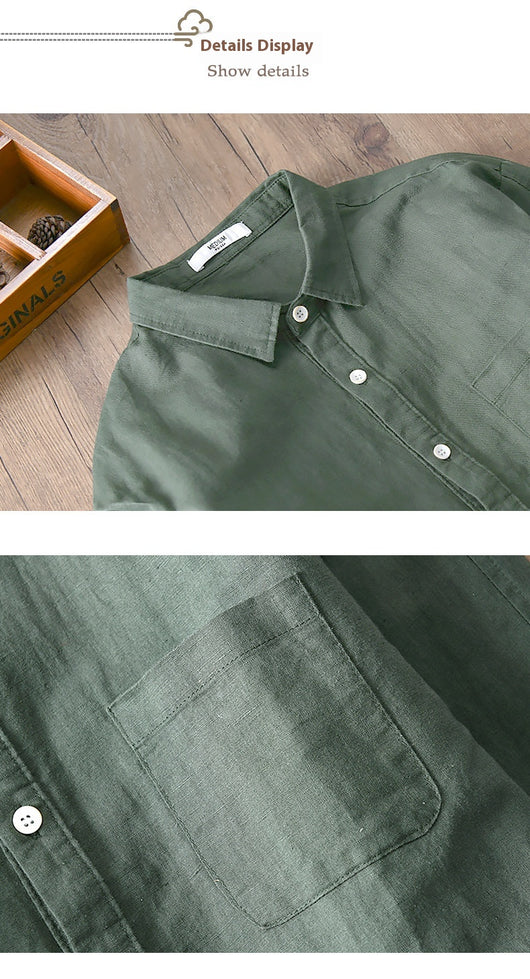 Camisa de Lino y Algodón para Hombre - Manga Larga Color Sólido - Image 9