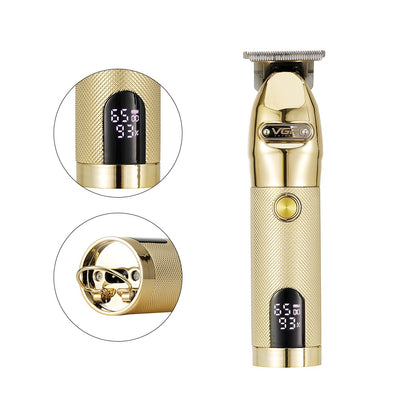Gold metal hair clipper with LCD digital display, guide combs, USB cable, cleaning brush, and oil, in packaging. - Image 3