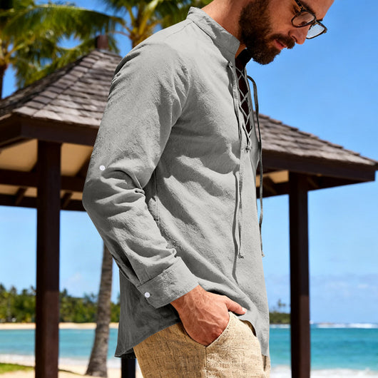 Camisa Henley de Lino Manga Larga para Hombre - Image 38