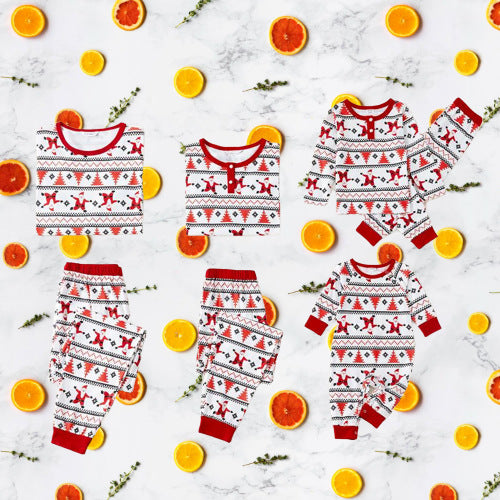 White baby romper with red and black Fair Isle pattern, Santa Claus, and Christmas trees, long sleeves, round neck. - Image 6
