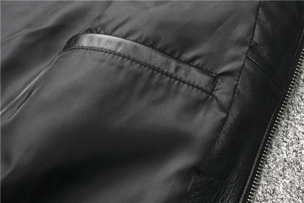 Chaqueta de Cuero Slim Fit con Cuello Mao para Hombre