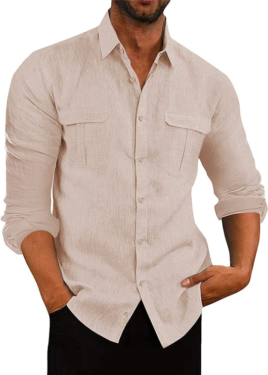 Camisa Hombre Algodón Lino con Bolsillos Dobles Estilo Europeo - Image 13