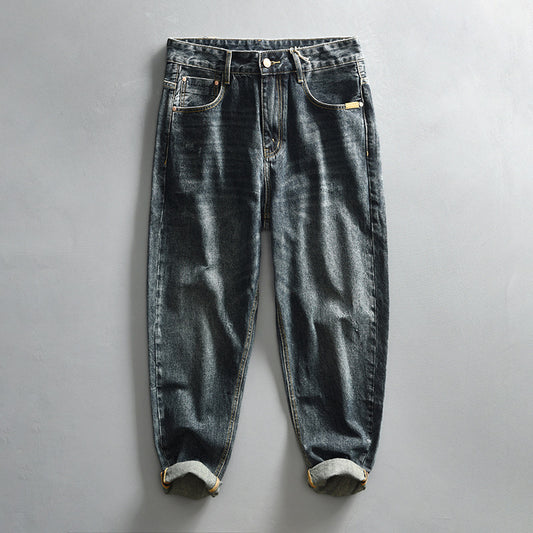 Pantalones Denim Azul Retro Efecto Desgastado para Hombre