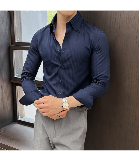 Camisa de Vestir Manga Larga a Rayas para Hombre con Cuello Italiano - Image 12