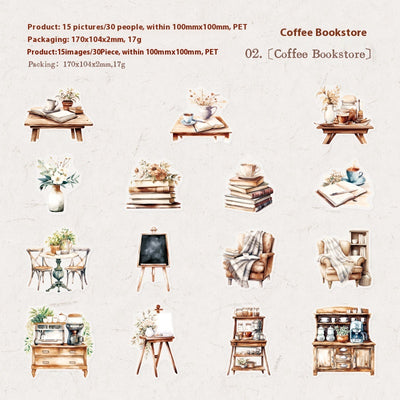Sheet of 15 watercolor coffee shop stickers, featuring various cafe exteriors and interiors in a Nordic style. - Image 7