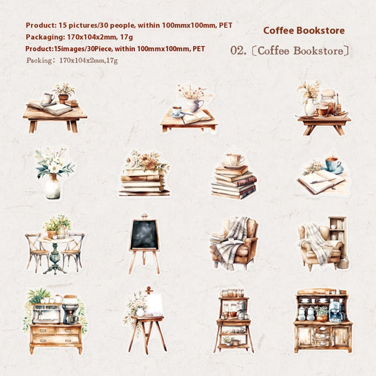 Sheet of 15 watercolor coffee shop stickers, featuring various cafe exteriors and interiors in a Nordic style. - Image 7