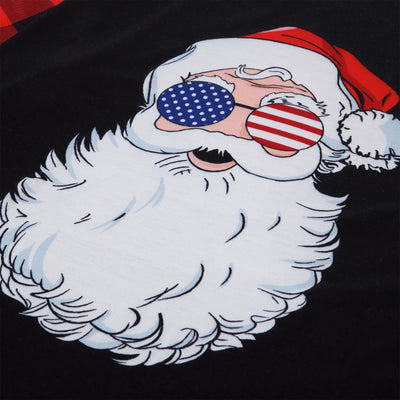 Christmas pajama set with a black long-sleeve top featuring a Santa head in American flag sunglasses and red and black buffalo plaid pants. - Image 11