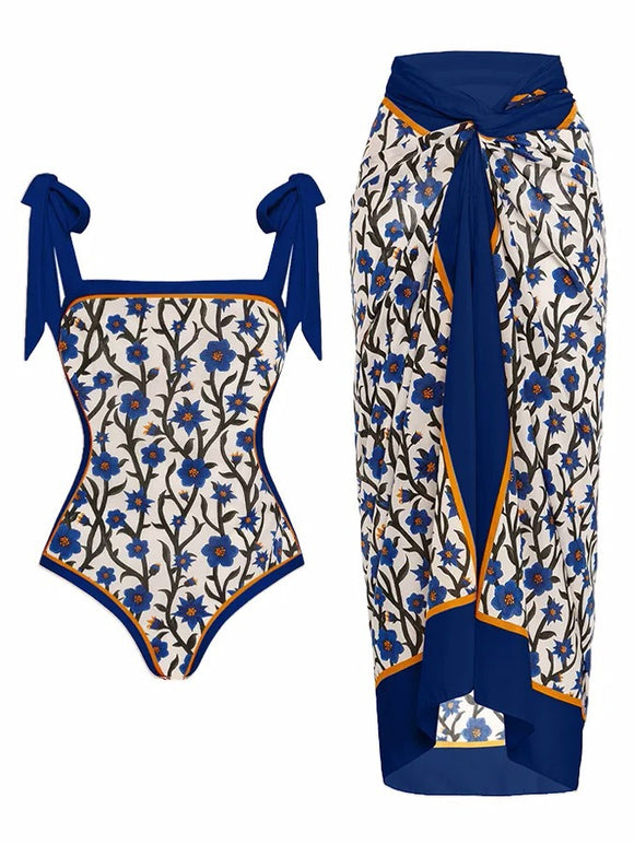 Traje de Baño Dos Piezas Chiffon con Falda Cadera Estampada