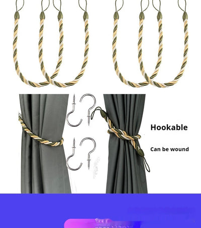 Four beige twisted rope curtain tie-backs with loops, shown with two silver screw-in hooks and on sheer white curtains. - Image 18