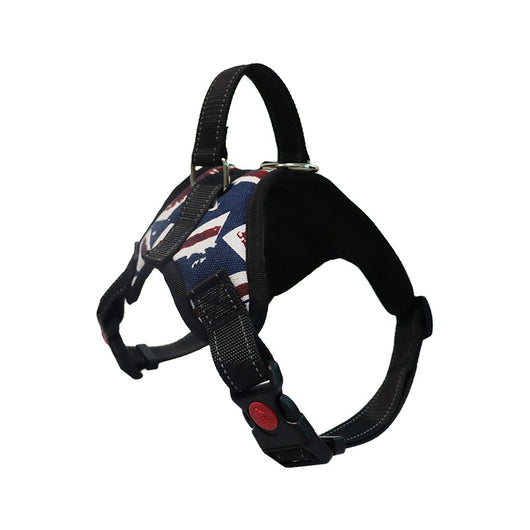 Blue and black pet harness with reflective stitching, a top handle, and red quick-release buckles. - Image 8