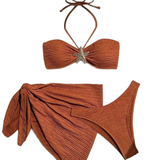 Rust three-piece swimsuit with textured fabric, featuring a tube top with a starfish, high-cut bottoms, and a sarong. - Image 5