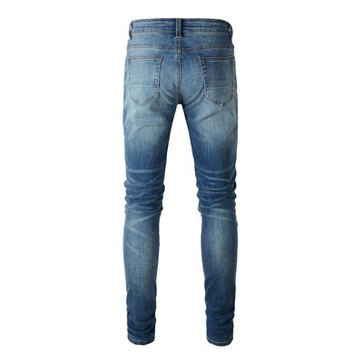 Jeans Vintage Desgastados con Parches de Cuero y Diseño Patchwork para Hombre - Image 5