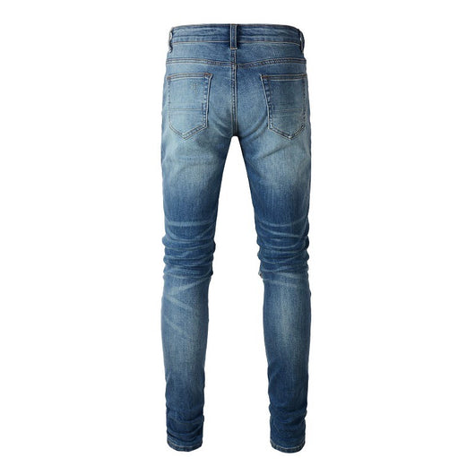 Jeans Vintage Desgastados con Parches de Cuero y Diseño Patchwork para Hombre - Image 5