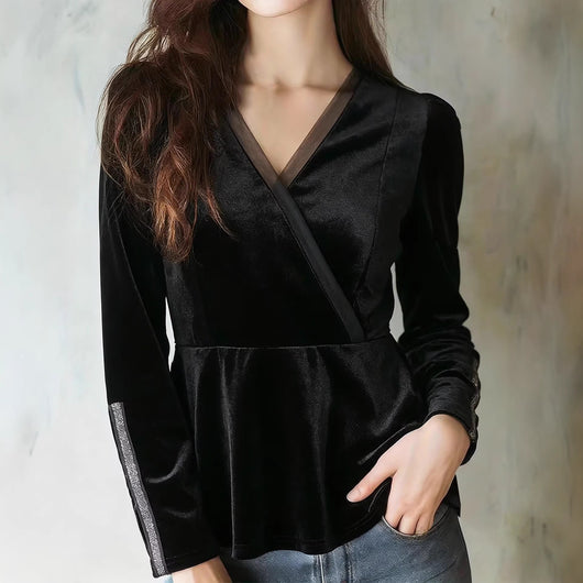 Blusa de Terciopelo Negra Ajustada al Cuerpo con Cintura Fruncida y Mangas Largas