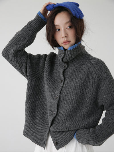Cardigan de Lana Tejida con Cuello Bicolor - Abrigo de Botón Simple - Image 17