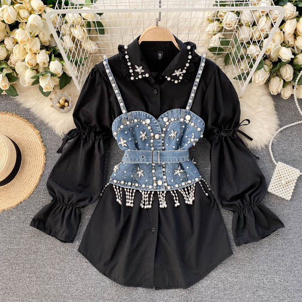 Conjunto Dos Piezas: Blusa Manga Abullonada con Detalles de Perlas y Chaleco Sling con Borlas - Image 3