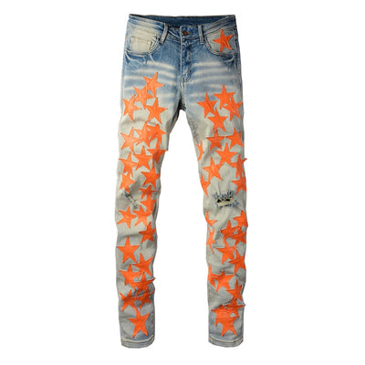Jeans Perforados Ligeros Orange Star Estilo Europeo Americano para Hombre - Image 7