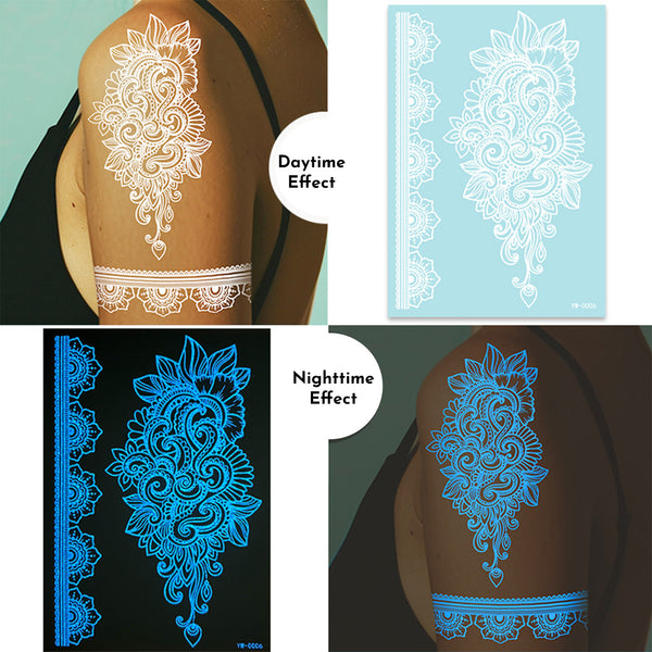 Tatuajes Temporales de Henna Fluorescentes - Diseños de Encaje para Manos y Brazos