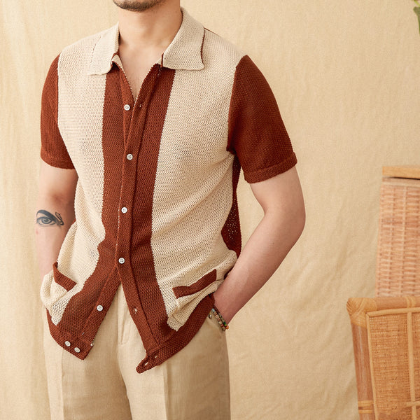Cardigan Tejido Hueco de Algodón y Lino con Solapa de Manga Corta