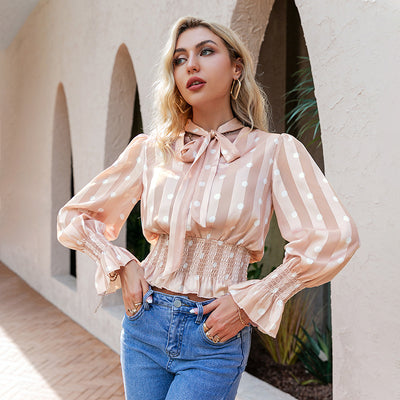 Blusa Elegante de Encaje con Lunares y Manga Larga para Mujer