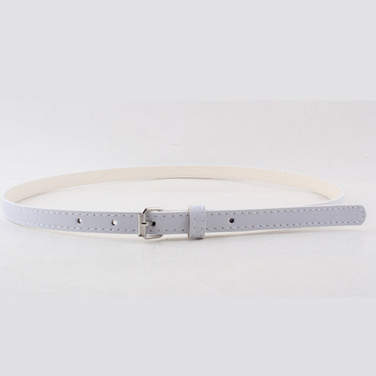 Thin brown imitation leather belt with a small silver D-shaped pin buckle, displayed on a white background. - Image 22
